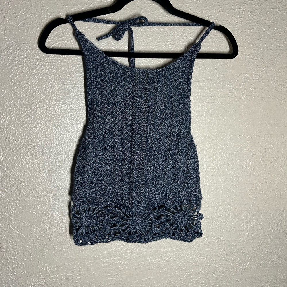 American Rag Blue Crochet Tie-Back Halter Top